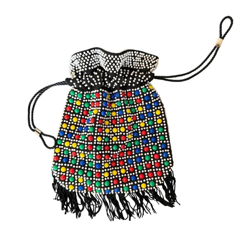 Vintage Beaded Drawstring Pouch Bag